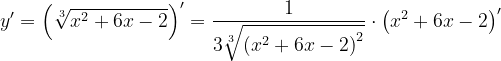 \dpi{120} y'=\left (\sqrt[3]{x^{2}+6x-2} \right )'=\frac{1}{3\sqrt[3]{\left (x^{2}+6x-2 \right )^{2}}}\cdot \left ( x^{2}+6x-2 \right )'